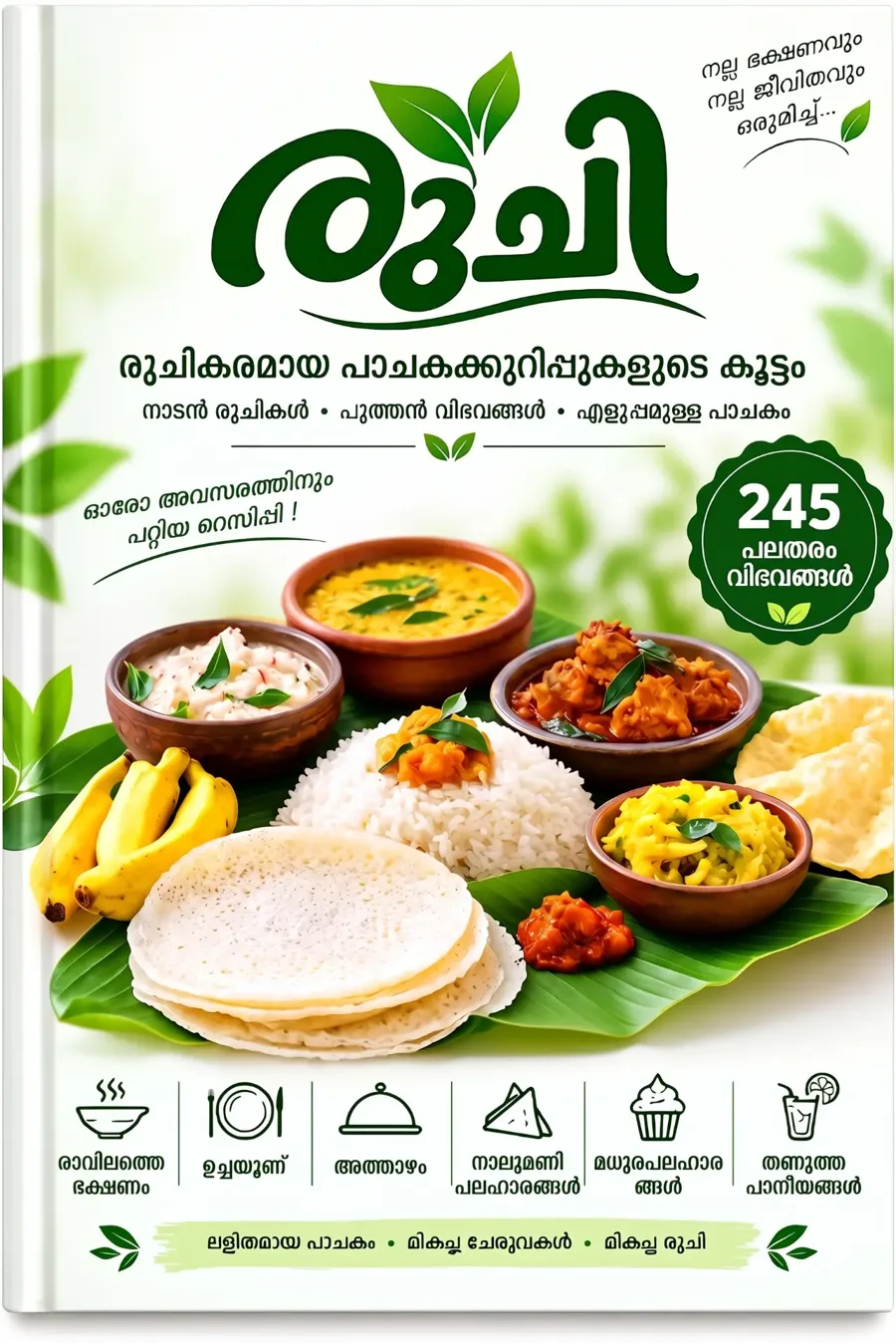 രുചി പാചകപുസ്തകത്തിന്റെ കവർ – 245 വിഭവങ്ങൾ, വാഴയിലയിൽ കേരള ഭക്ഷണം